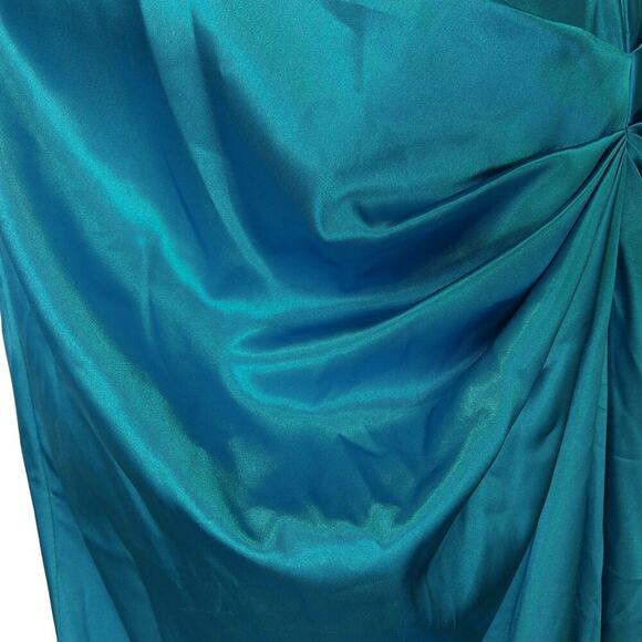 90s Y2K Prom Dress Maxi Gown Size L Teal Strapless Ruched Satin Formal Dance - Picture 7 of 11